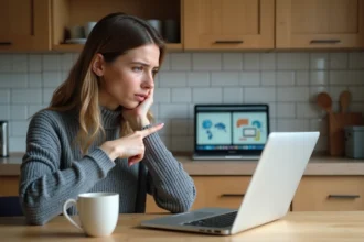 Femme confuse devant un ordinateur portable affichant un navigateur web et un schéma réseau, illustrant la confusion entre internet et le web