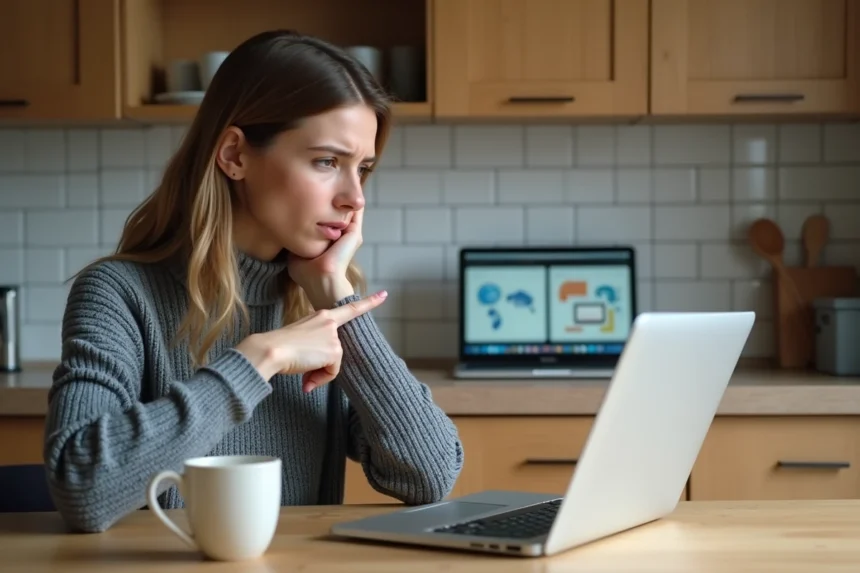 Femme confuse devant un ordinateur portable affichant un navigateur web et un schéma réseau, illustrant la confusion entre internet et le web