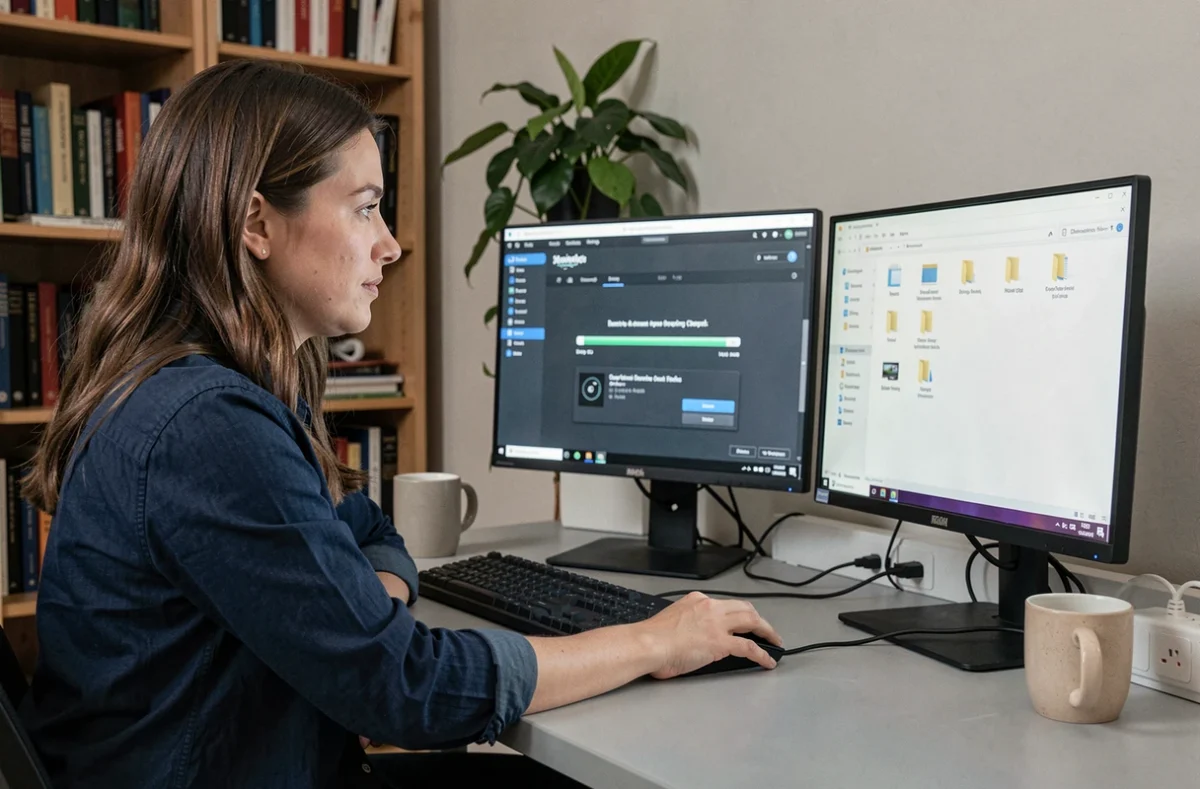 Femme utilisant un logiciel de création d'image ISO depuis un DVD Windows 7 sur un poste de travail à double écran à domicile