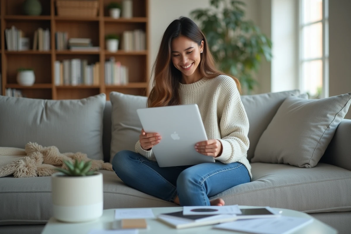 Jeune femme souriante déballant un appareil électronique rénové dans le salon