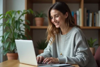 Femme utilisant une adresse email temporaire Yopmail sur son ordinateur portable dans un bureau à domicile