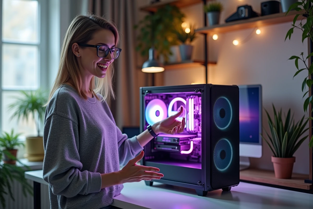 Femme montrant un refroidisseur RGB dans un PC gaming