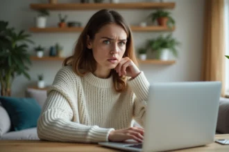 Jeune femme frustrée devant son ordinateur dans un bureau lumineux