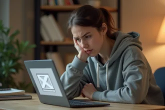 Femme frustrée devant un écran d'ordinateur affichant des images manquantes ou cassées sur un site web