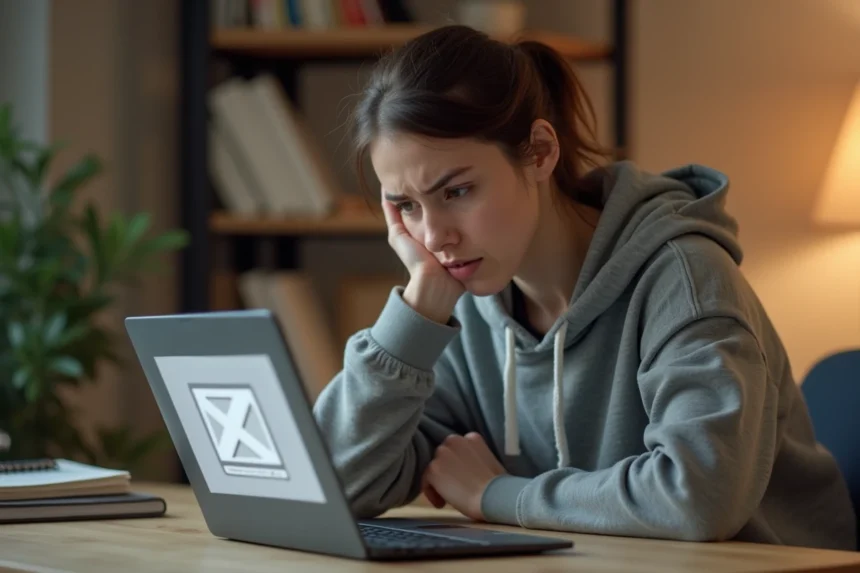 Femme frustrée devant un écran d'ordinateur affichant des images manquantes ou cassées sur un site web