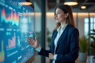 Femme en blazer navy devant un écran infographique