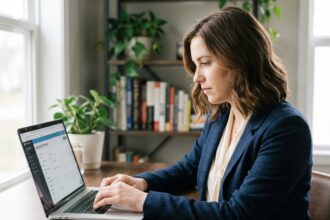 Jeune femme en blazer utilisant un ordinateur portable
