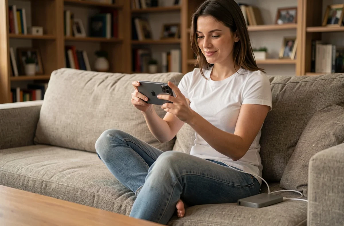 Femme jouant sur iPhone 12 en mode paysage avec une batterie externe, illustrant l'autonomie pour le gaming mobile