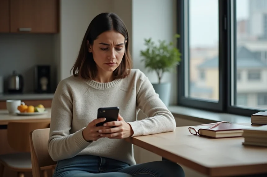 Femme assise à une table avec son iPhone dans un appartement moderne