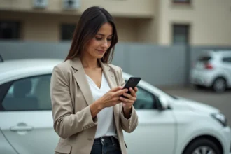 Femme tenant un iPhone dans un parking urbain pour détecter un AirTag inconnu via l'application Find My