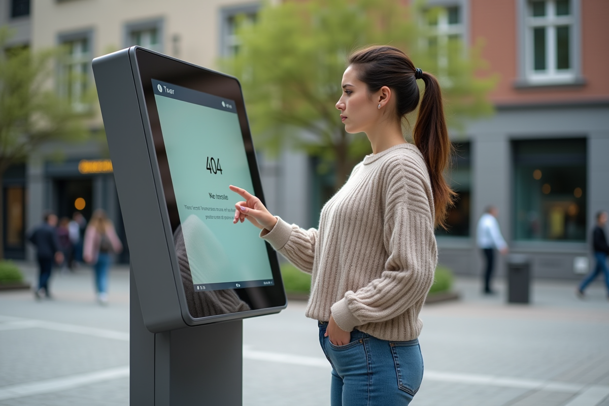 Femme devant un kiosque numérique avec un message 404 en extérieur