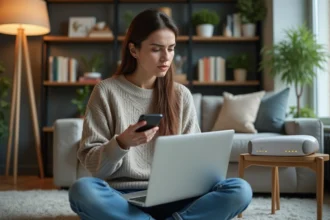 Femme assise sur le sol avec ordinateur portable dans un salon moderne