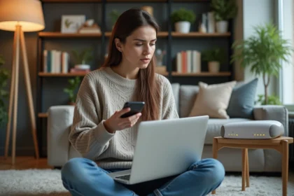 Femme assise sur le sol avec ordinateur portable dans un salon moderne