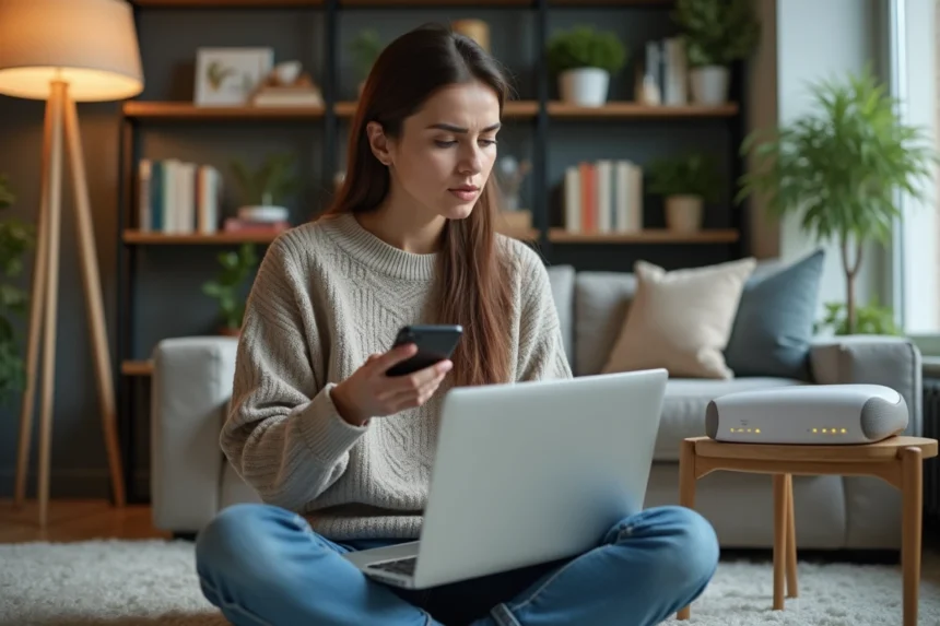 Femme assise sur le sol avec ordinateur portable dans un salon moderne