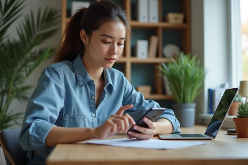 Jeune femme avec smartphone Android dans un intérieur moderne