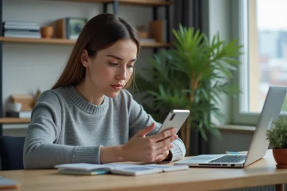 Jeune femme utilisant son smartphone dans un bureau moderne