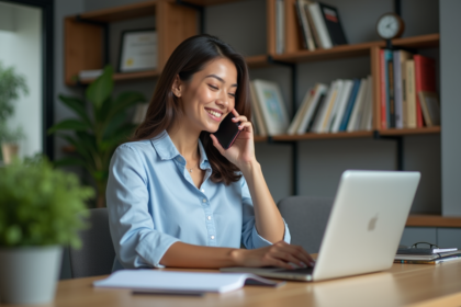 Jeune femme parlant au smartphone dans un bureau à domicile