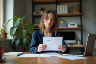 Jeune femme compare deux documents email dans un bureau cosy