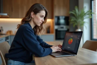 Jeune femme regardant son ordinateur dans la cuisine moderne