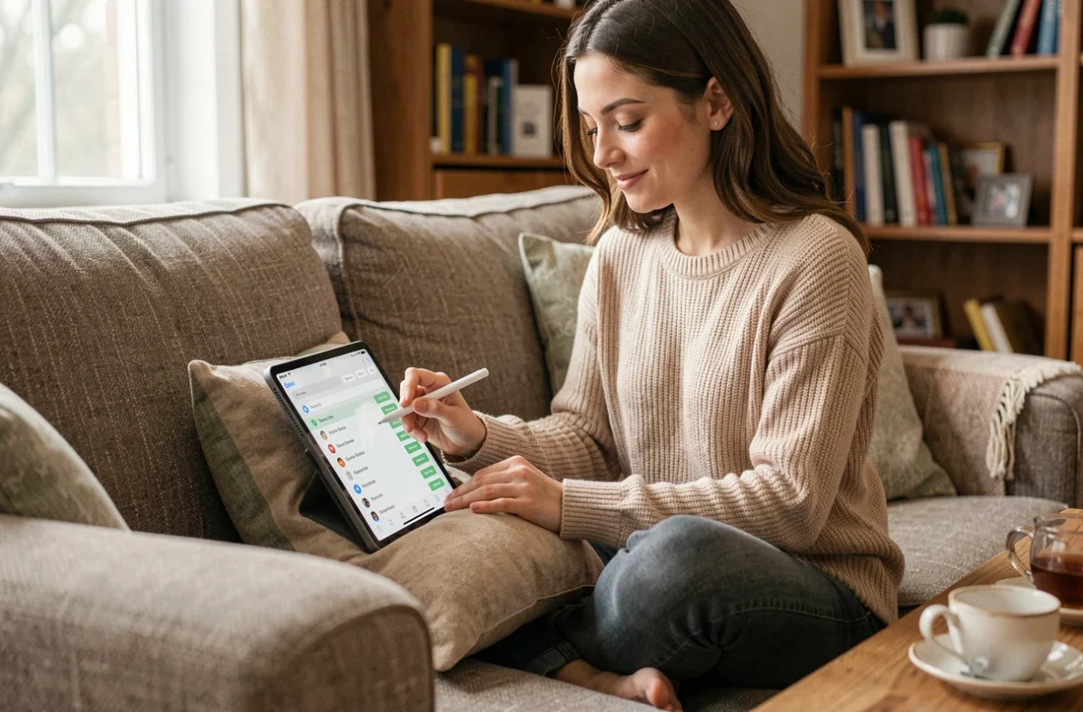 Jeune femme organisant sa messagerie sur une tablette depuis son canapé dans un salon chaleureux