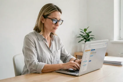 Femme organisée gérant sa messagerie électronique sur un ordinateur portable dans un bureau minimaliste à domicile