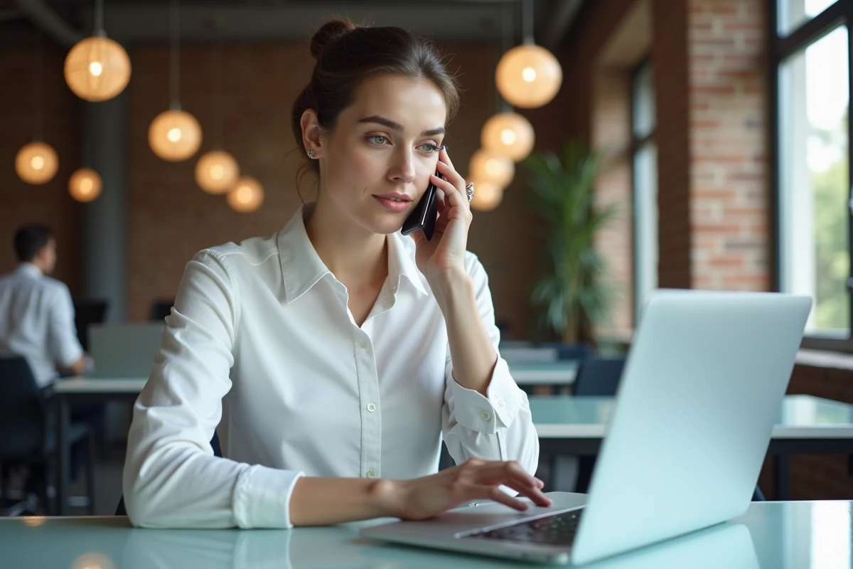 Femme consultant son smartphone face à un problème d'accès à un service cloud en co-working