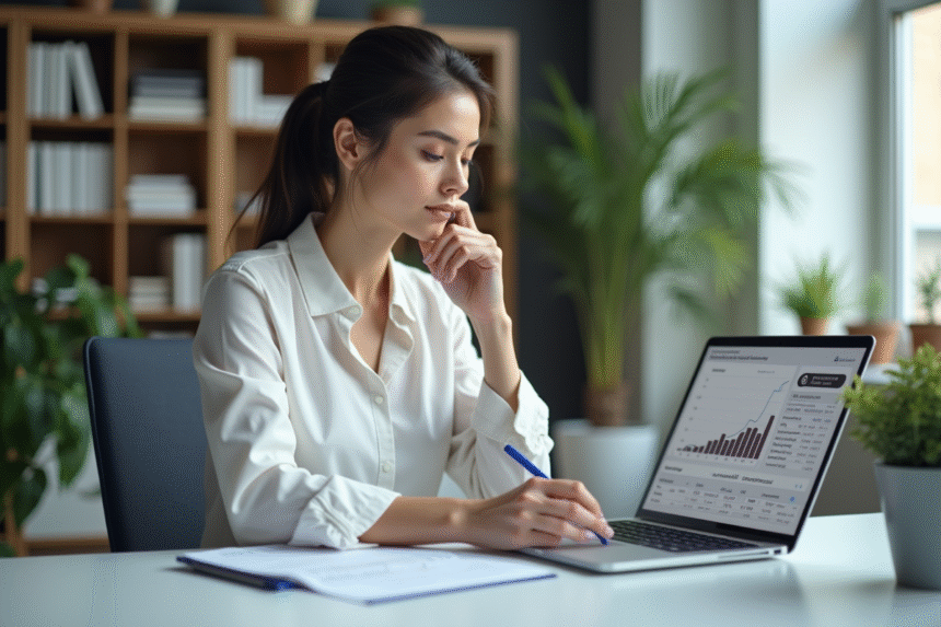 Femme professionnelle prenant des notes devant un ordinateur