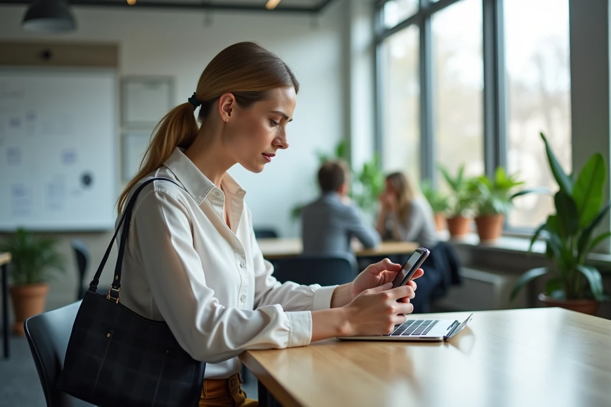 Femme professionnelle configurant une nouvelle application email dans un bureau moderne