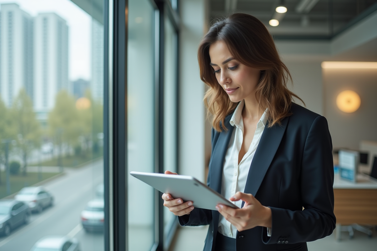Femme professionnelle utilisant une tablette pour annoter un PDF