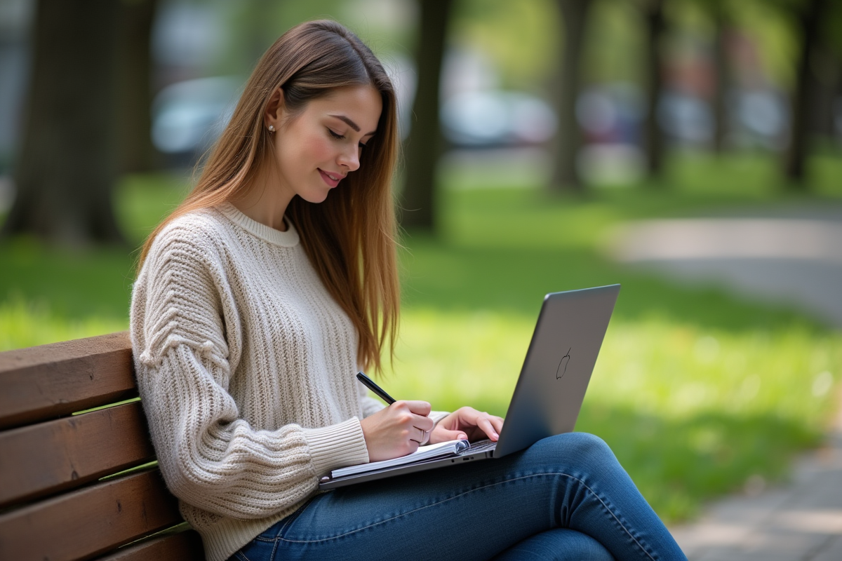 Femme en extérieur travaillant sur son ordinateur portable