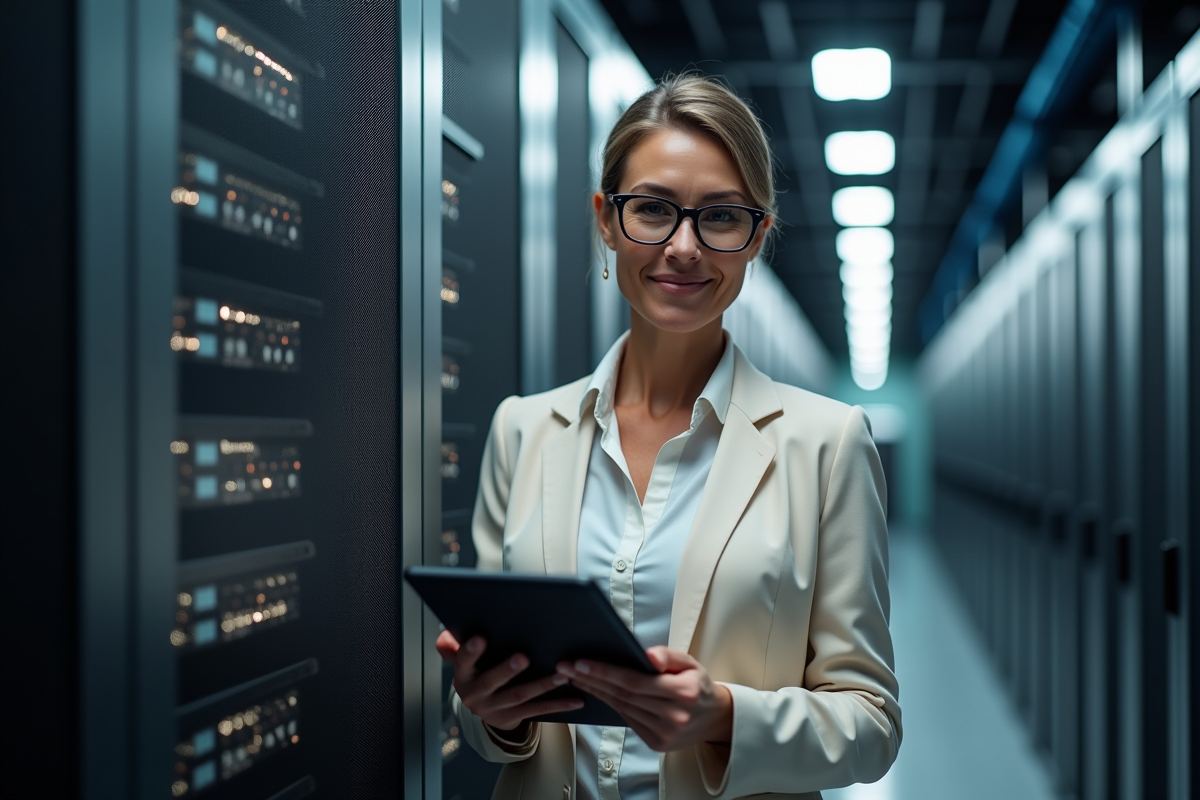 Femme avec tablette près d’un serveur dans un centre de données