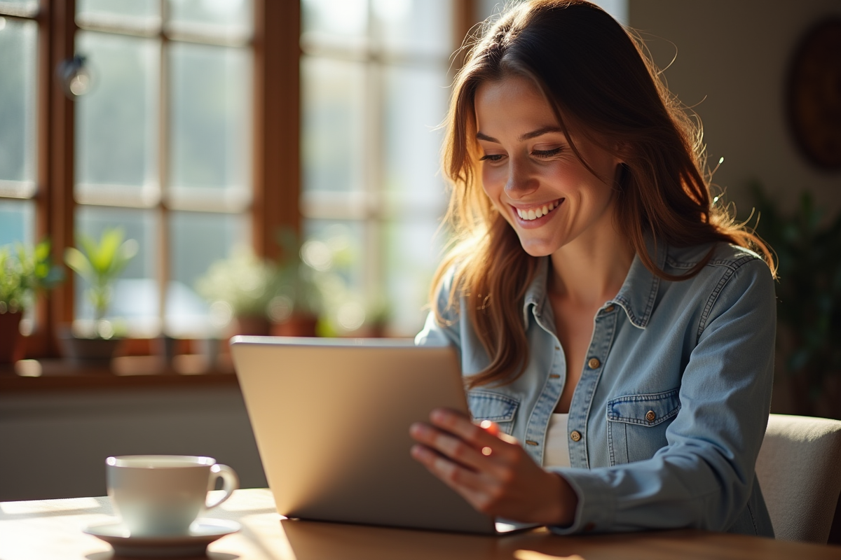 Femme souriante utilisant une tablette à la maison
