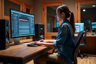 Femme en studio audio travaillant sur console numérique