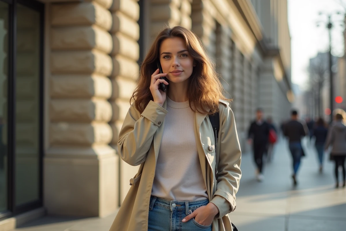 Femme parlant au téléphone portable en extérieur en ville