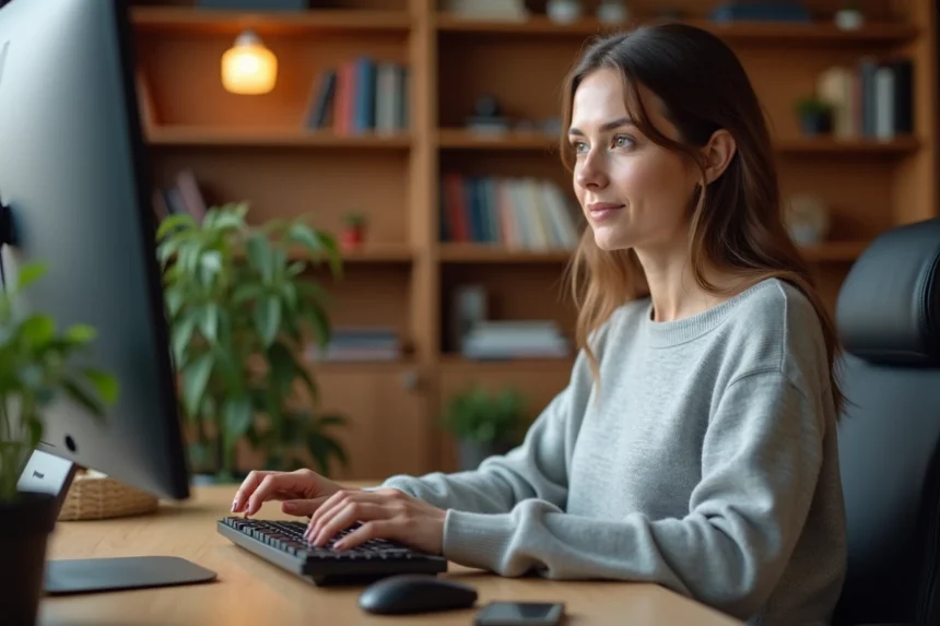 Femme appuyant sur la touche Maj d'un clavier mécanique devant un écran d'ordinateur dans un bureau à domicile