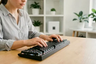 Femme utilisant la touche Shift sur un clavier mécanique de bureau pour mettre une lettre en majuscule