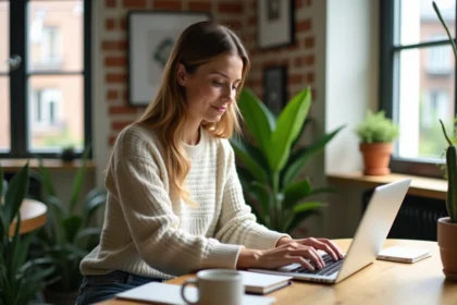 Femme travaillant sur son ordinateur dans un appartement lumineux