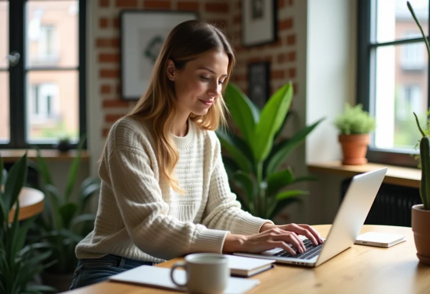 Femme travaillant sur son ordinateur dans un appartement lumineux