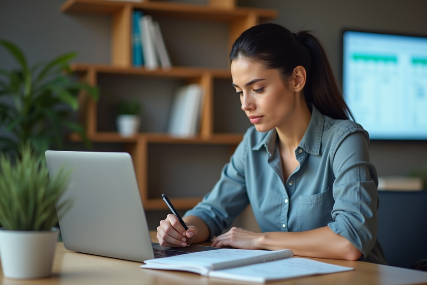 Femme concentrée travaillant sur un ordinateur portable dans un bureau