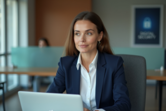 Femme concentrée travaillant sur un ordinateur dans un bureau moderne