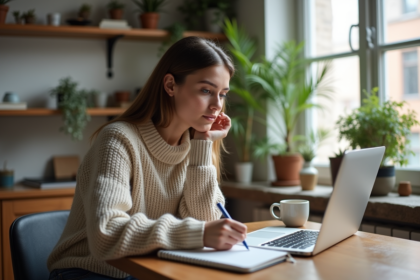 Jeune femme travaillant à son ordinateur dans un appartement lumineux