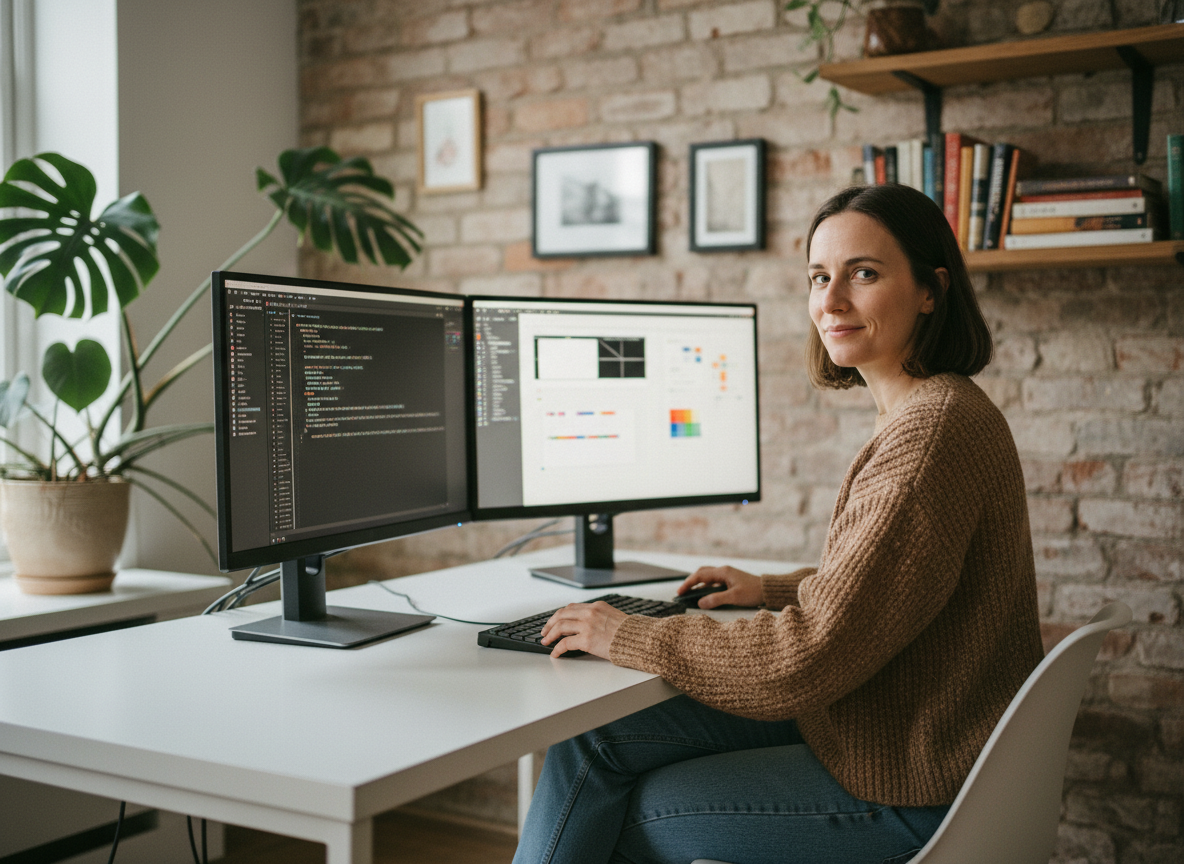 Jeune femme concentrée travaillant sur son ordinateur à domicile