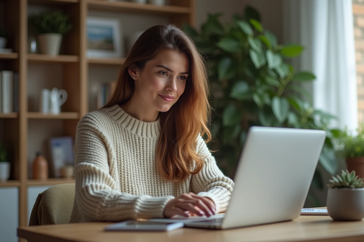 Jeune femme concentrée travaillant sur son ordinateur à domicile