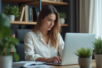 Jeune femme professionnelle travaillant à domicile sur son ordinateur