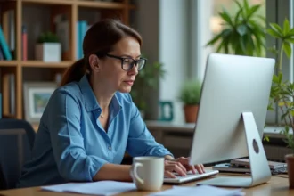 Femme d'âge moyen consulte ses emails sur ordinateur à domicile