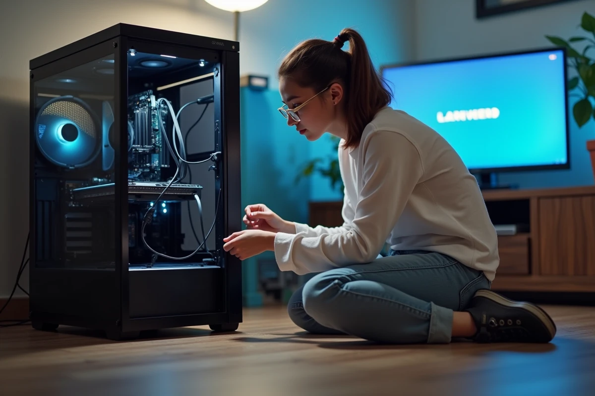 Jeune femme vérifie cables dans un PC ouvert