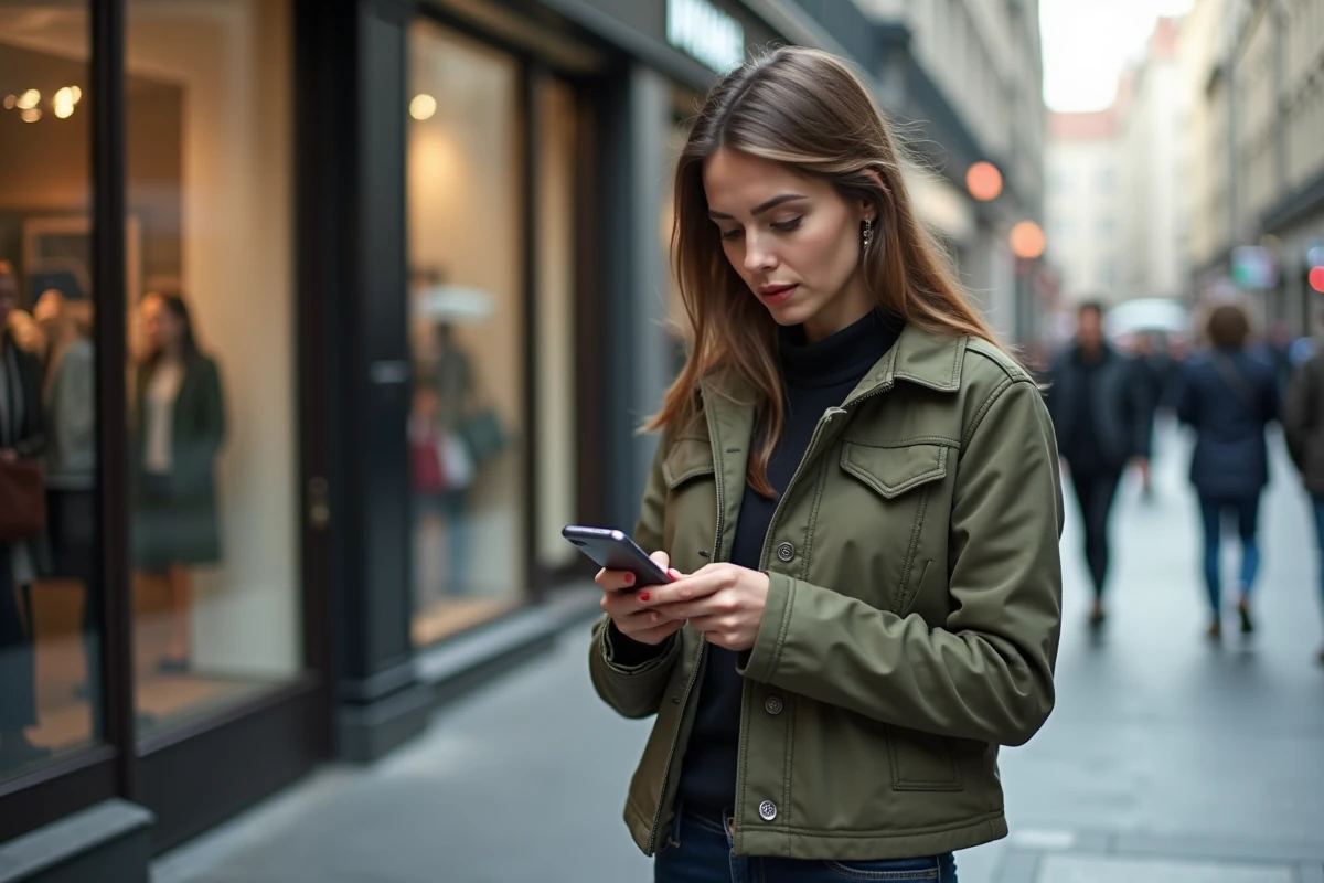 Femme dans la rue utilisant un Huawei P10 Lite dans un contexte urbain européen
