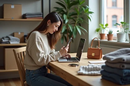 Femme avec sac vintage et ordinateur dans un appartement lumineux