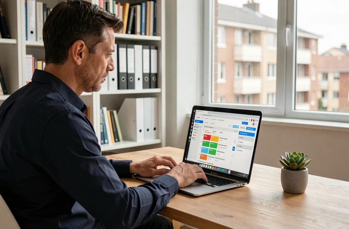 Homme utilisant un laptop pour configurer des filtres de messagerie sur le webmail académique de Montpellier depuis un bureau à domicile