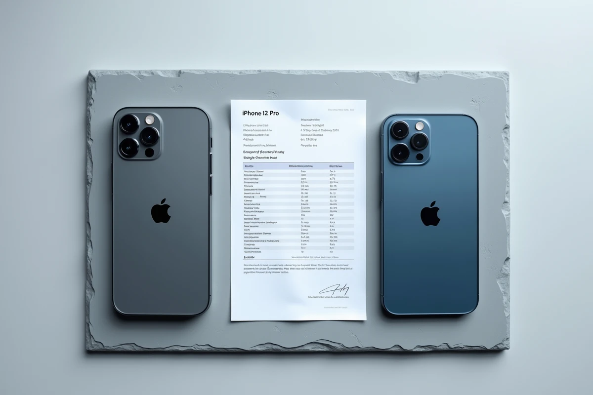 Deux iPhone 12 Pro reconditionnés en flat lay avec certifications Apple et reconditionneurs tiers pour comparaison